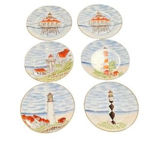 Royal Norfolk Lighthouse Salad Dessert Plates‎ Coastal Nautical Set of 6
